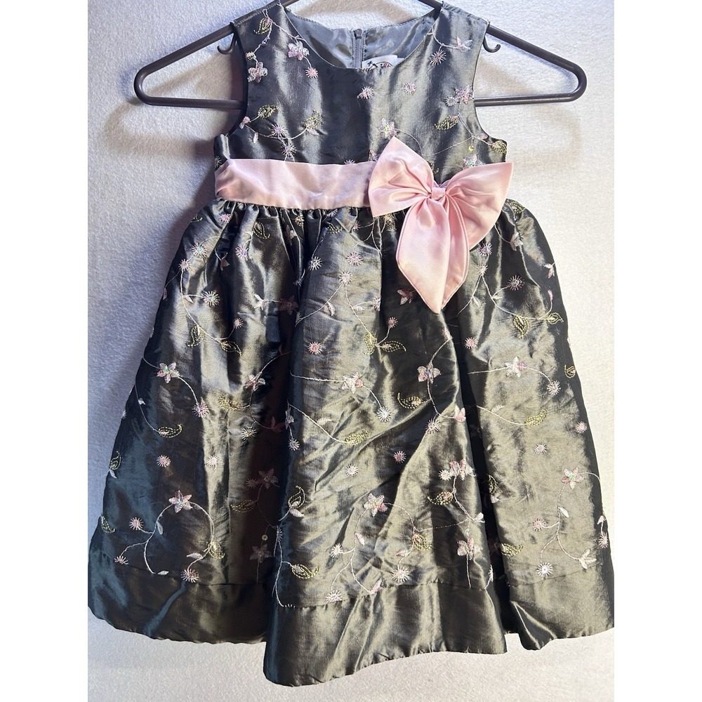 Good Lad Girls 3T Gray Pink Floral Satin A-Line Sleeveless Bow Zip Dress